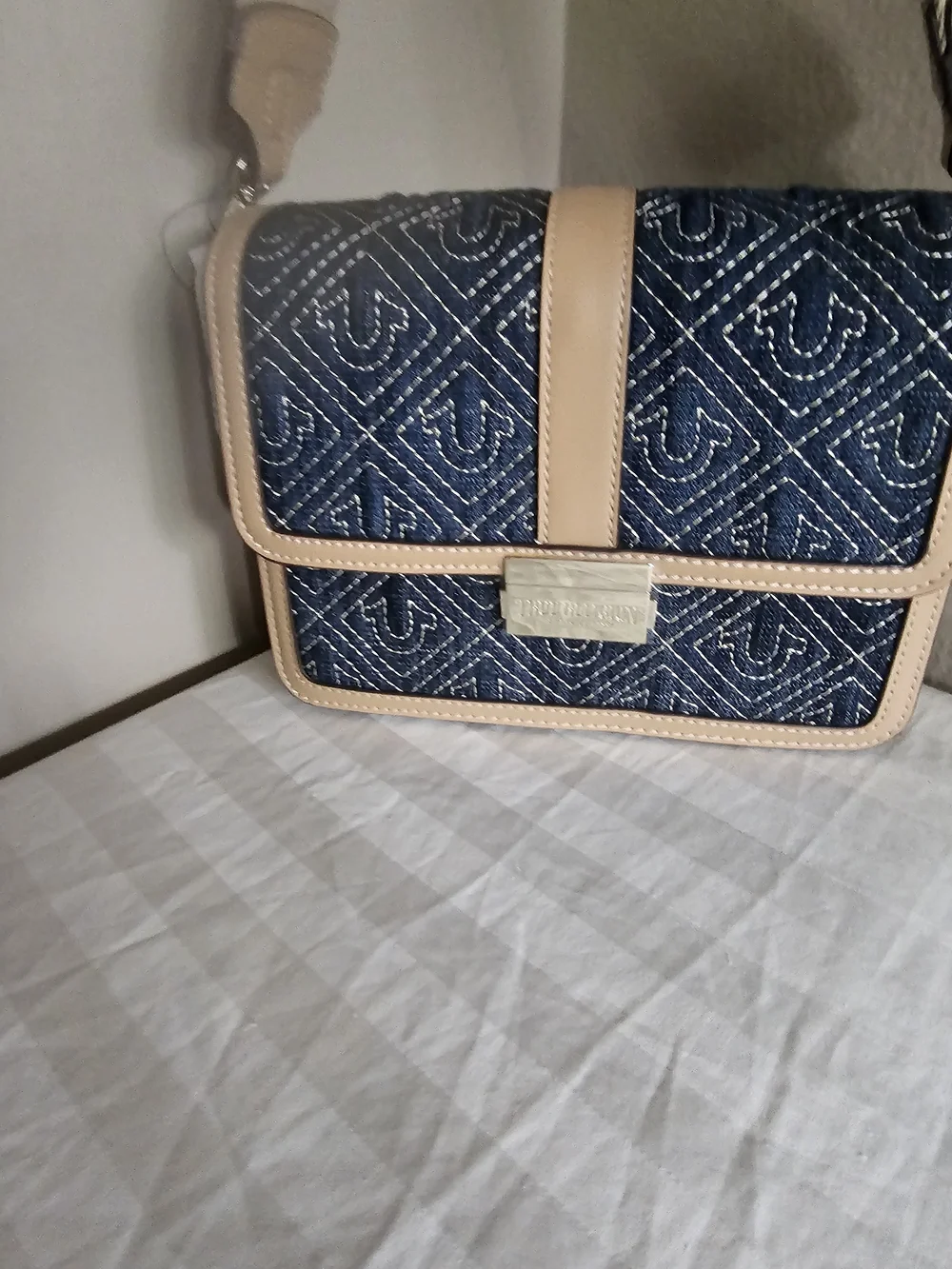 True Religion Denim Quilted Crossbody with Beige Trim
